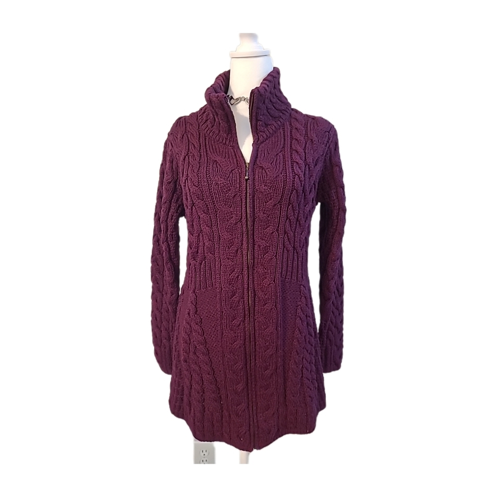 Kilronan Knitwear Ireland Merino Wool  Zip High Neck Maroon Sweater Sz S  NWOT